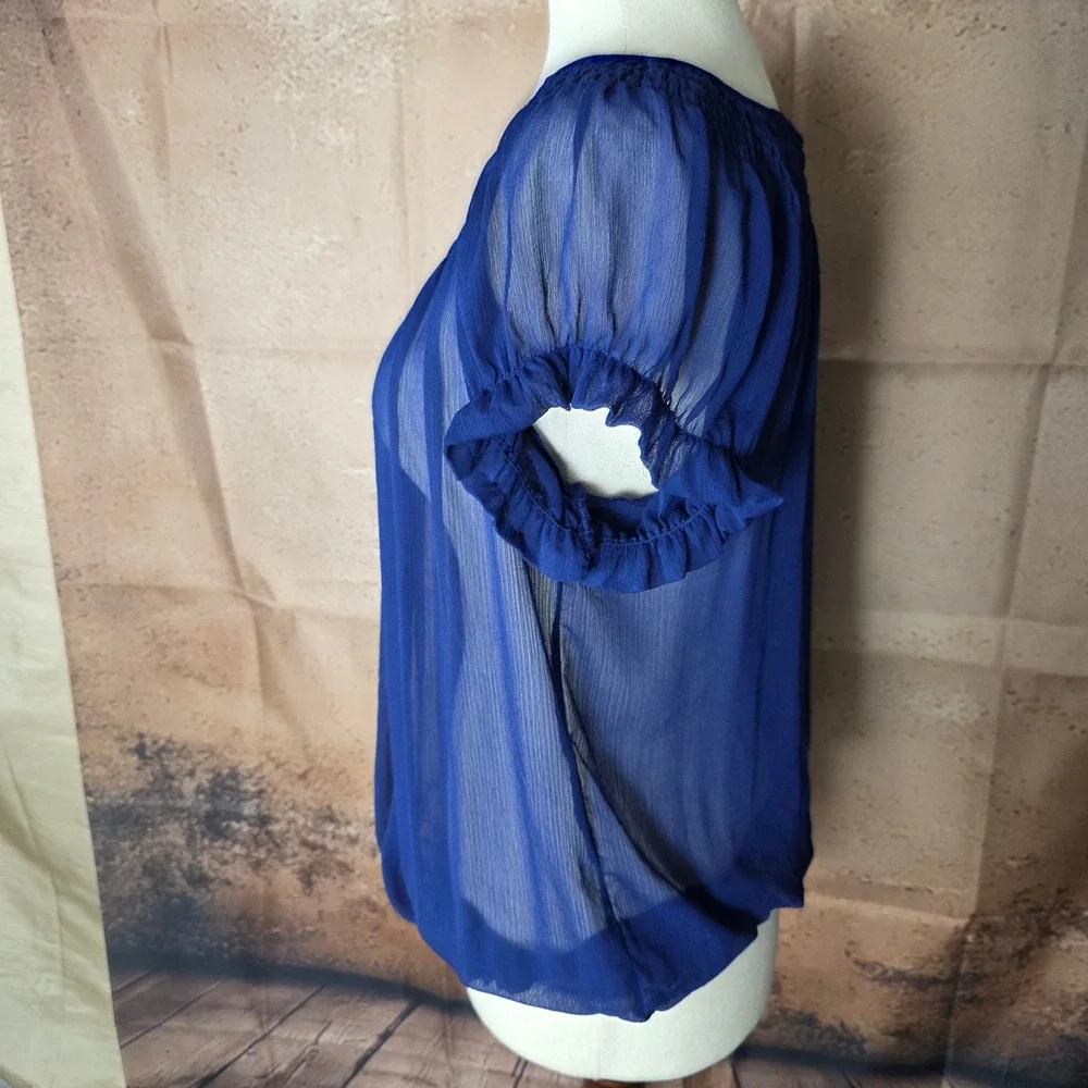 Joe Fresh Royal Blue Peasant Blouse Semi‎ Sheer Smocked Ruffle Top Womens Medium